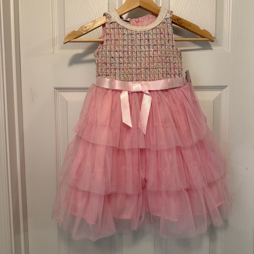 NWT Badgley Mischka Tweed Bodice Tiered Tulle Skirt Girls Dress with Bag Set